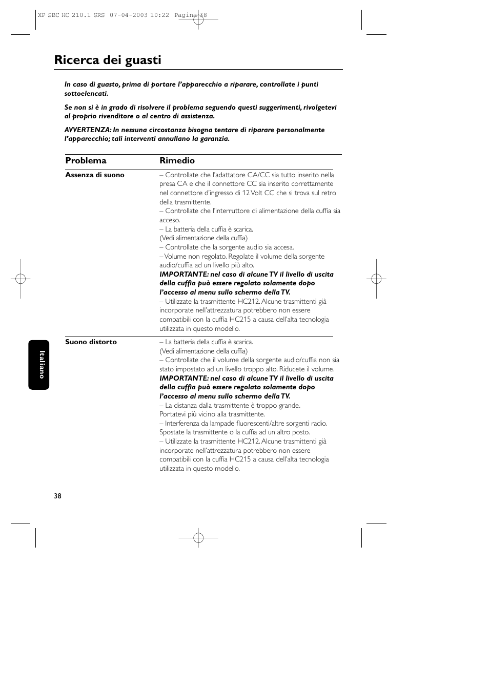 Ricerca dei guasti | Philips SBC HC210 User Manual | Page 38 / 102