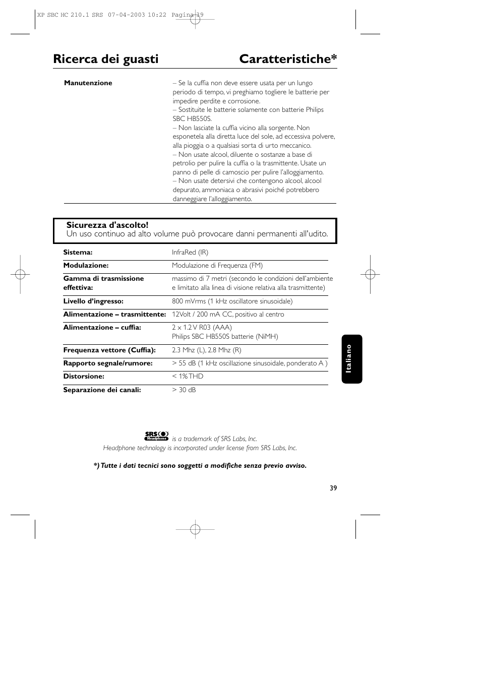 Ricerca dei guasti caratteristiche | Philips SBC HC210 User Manual | Page 39 / 102