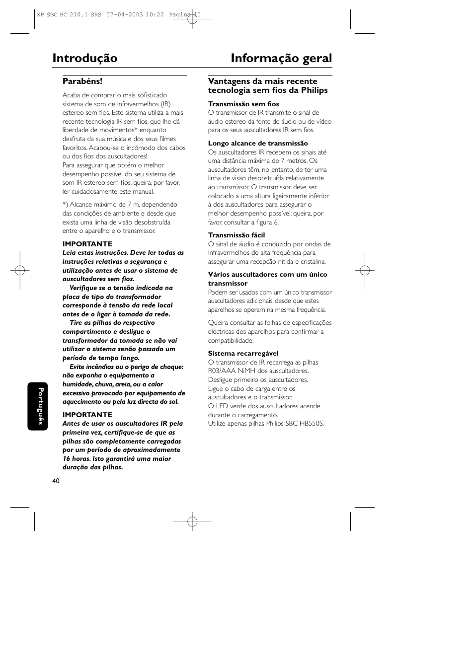 Introdução informação geral | Philips SBC HC210 User Manual | Page 40 / 102