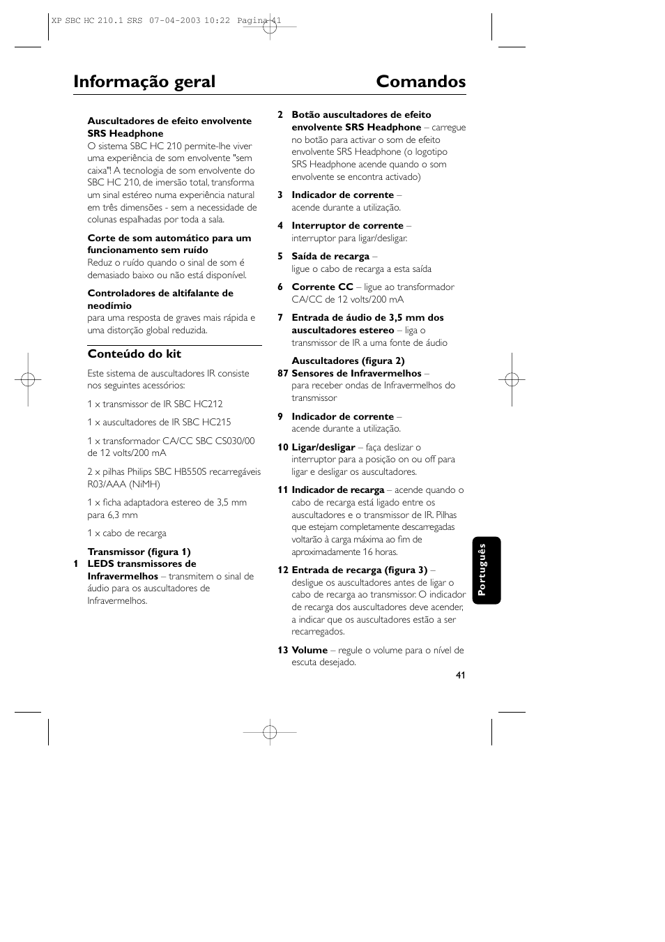 Informação geral comandos | Philips SBC HC210 User Manual | Page 41 / 102