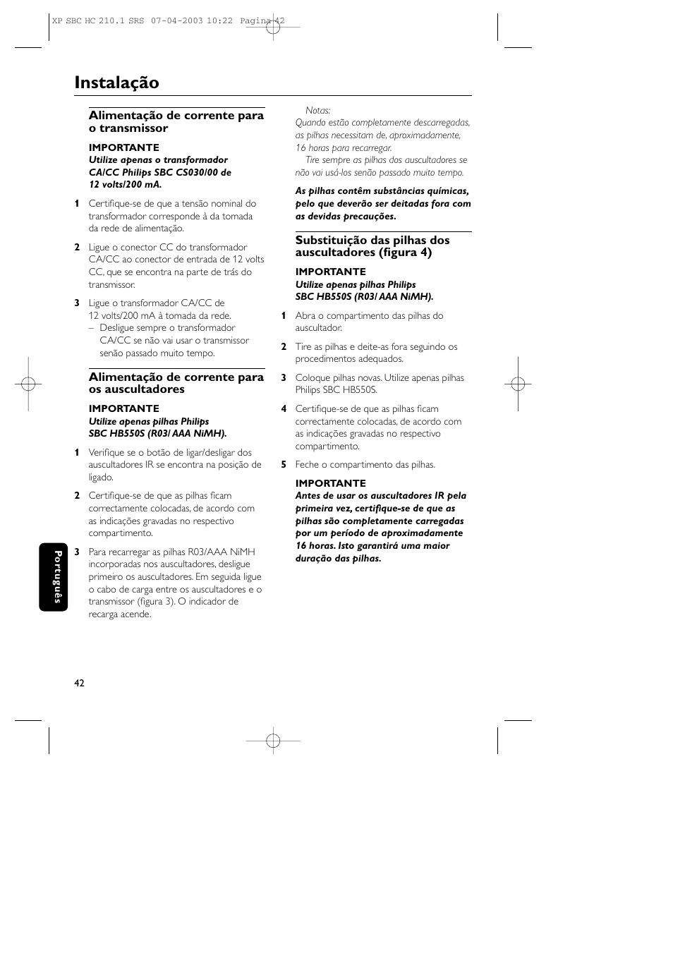 Instalação | Philips SBC HC210 User Manual | Page 42 / 102