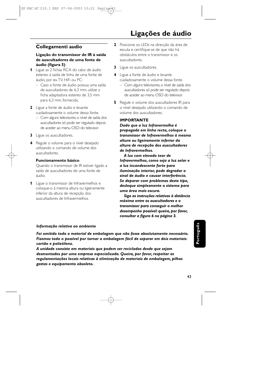 Ligações de áudio | Philips SBC HC210 User Manual | Page 43 / 102