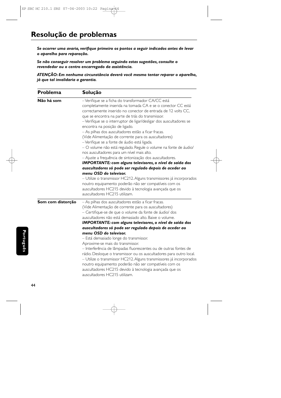 Resolução de problemas | Philips SBC HC210 User Manual | Page 44 / 102