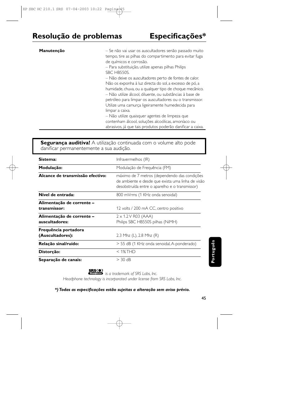 Resolução de problemas especificações | Philips SBC HC210 User Manual | Page 45 / 102