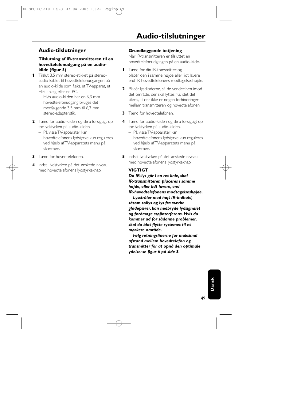 Audio-tilslutninger | Philips SBC HC210 User Manual | Page 49 / 102