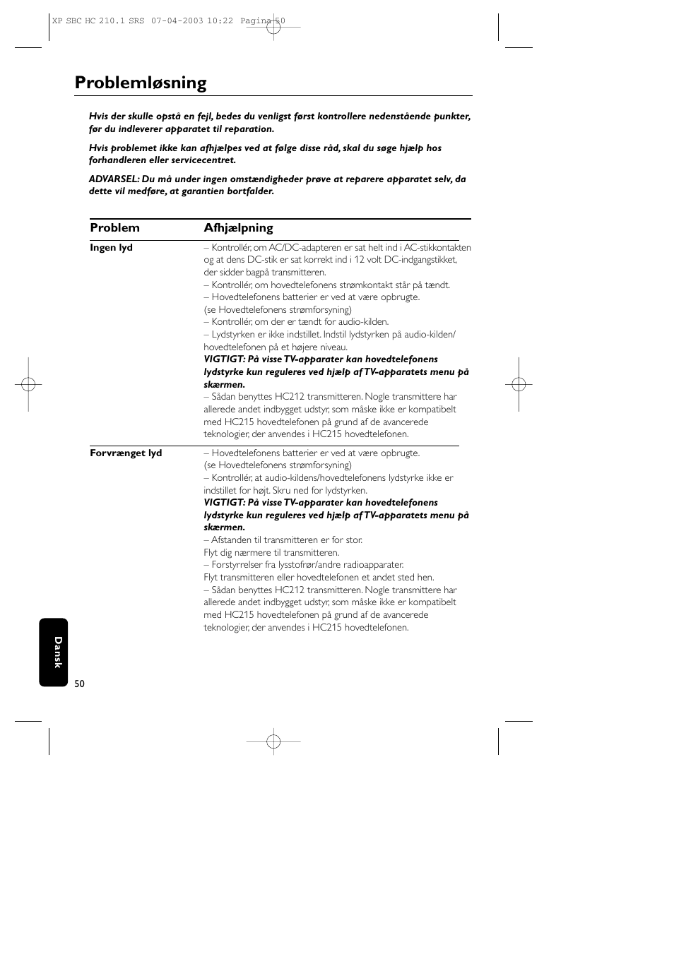 Problemløsning | Philips SBC HC210 User Manual | Page 50 / 102