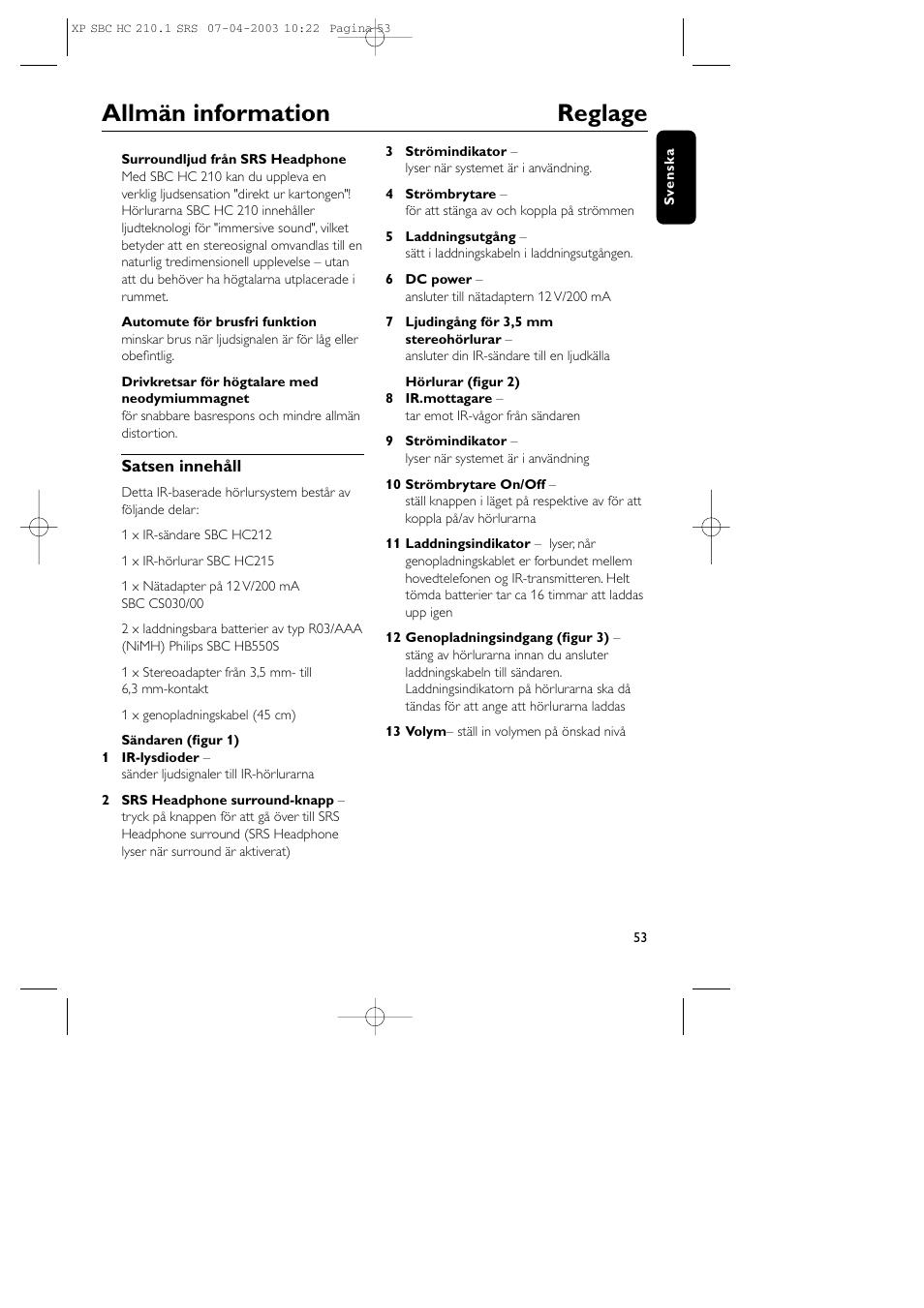 Allmän information reglage | Philips SBC HC210 User Manual | Page 53 / 102