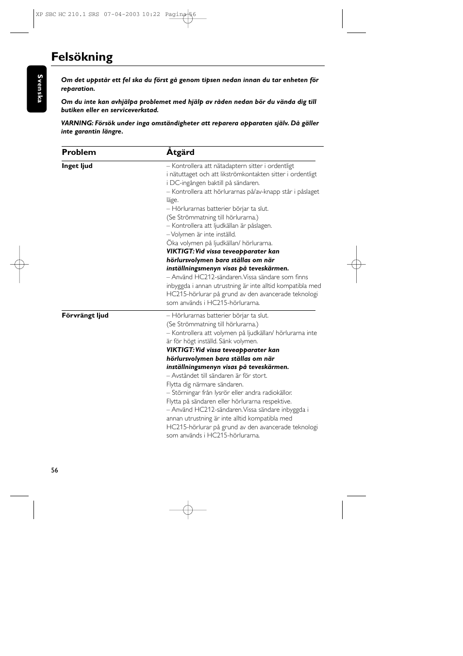 Felsökning | Philips SBC HC210 User Manual | Page 56 / 102