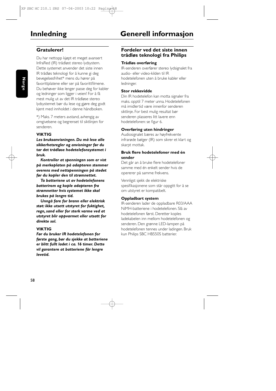 Innledning generell informasjon | Philips SBC HC210 User Manual | Page 58 / 102