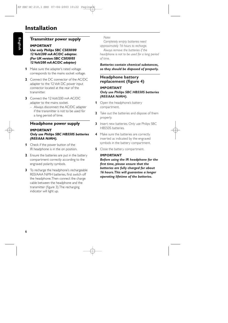 Installation | Philips SBC HC210 User Manual | Page 6 / 102