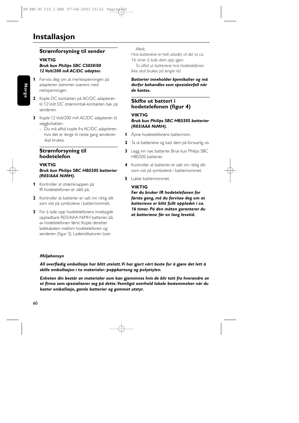 Installasjon | Philips SBC HC210 User Manual | Page 60 / 102