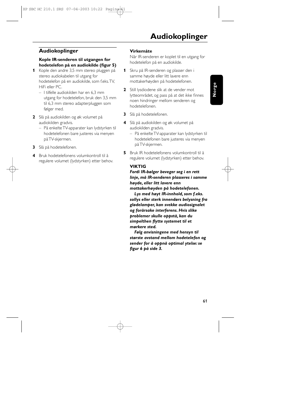 Audiokoplinger | Philips SBC HC210 User Manual | Page 61 / 102