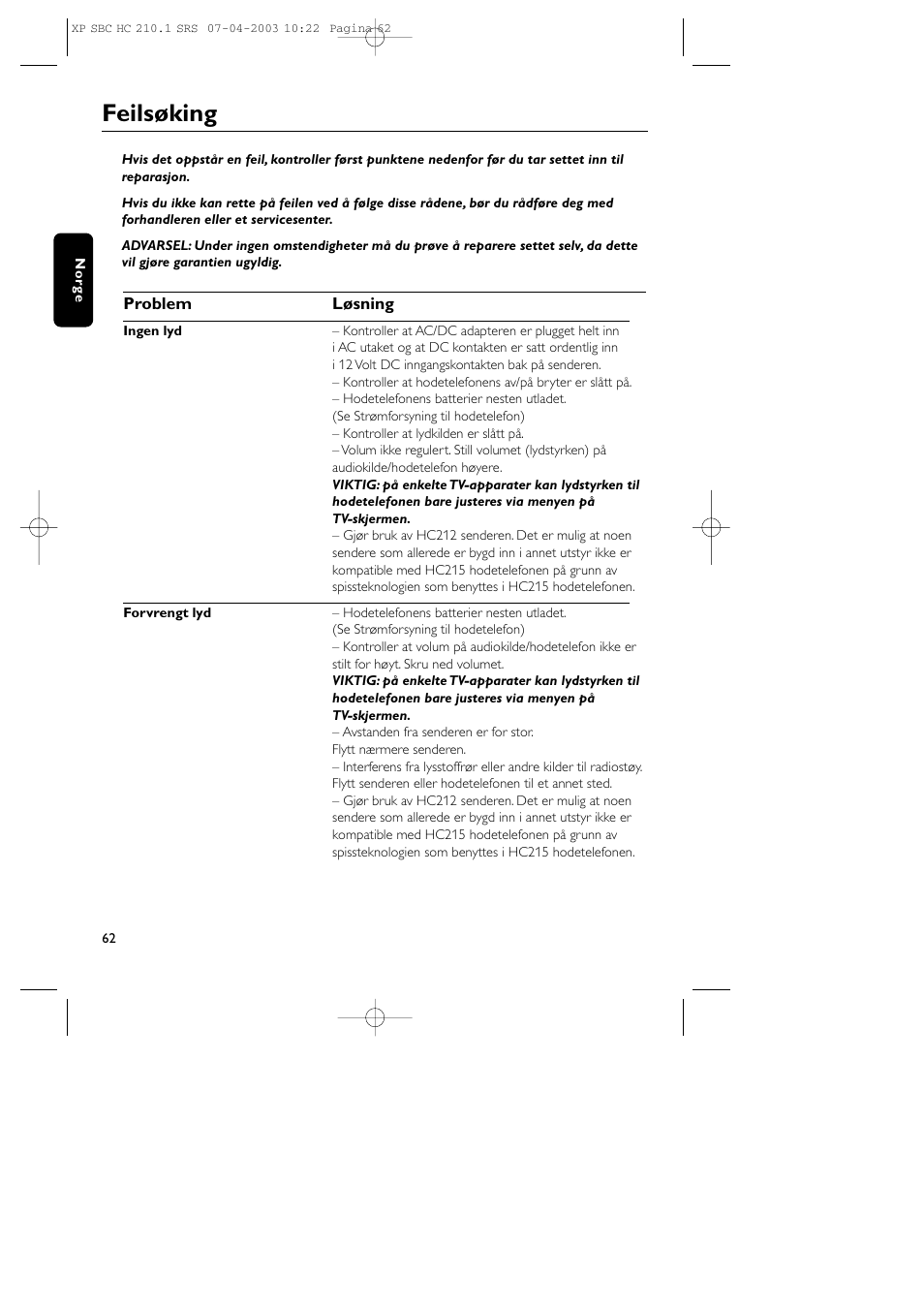 Feilsøking | Philips SBC HC210 User Manual | Page 62 / 102