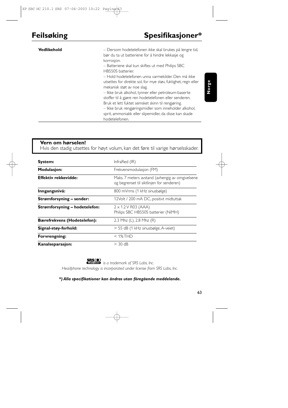 Feilsøking spesifikasjoner | Philips SBC HC210 User Manual | Page 63 / 102