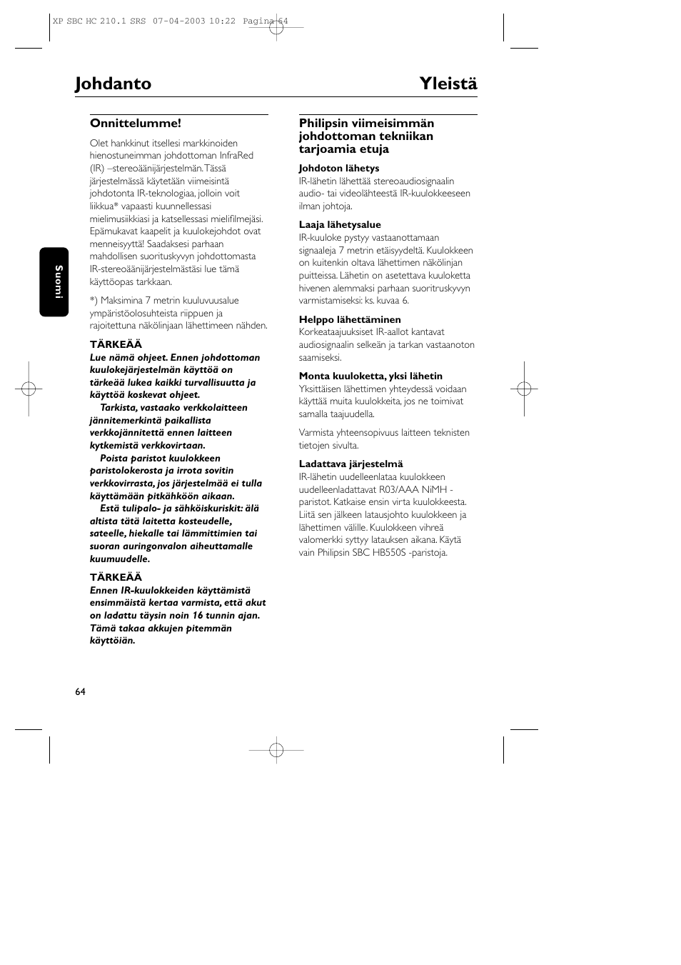 Johdanto yleistä | Philips SBC HC210 User Manual | Page 64 / 102