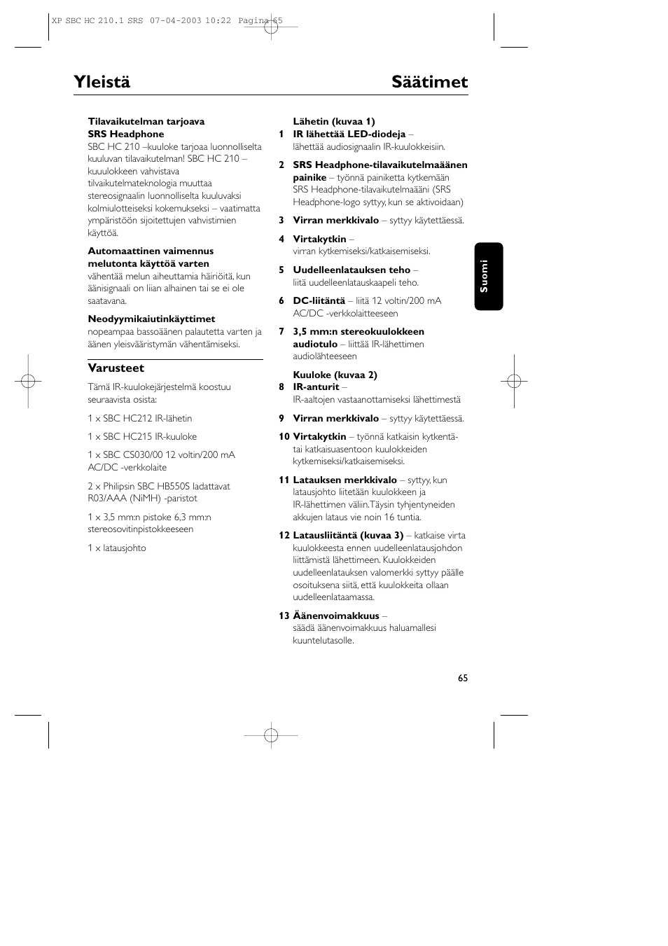 Yleistä säätimet | Philips SBC HC210 User Manual | Page 65 / 102