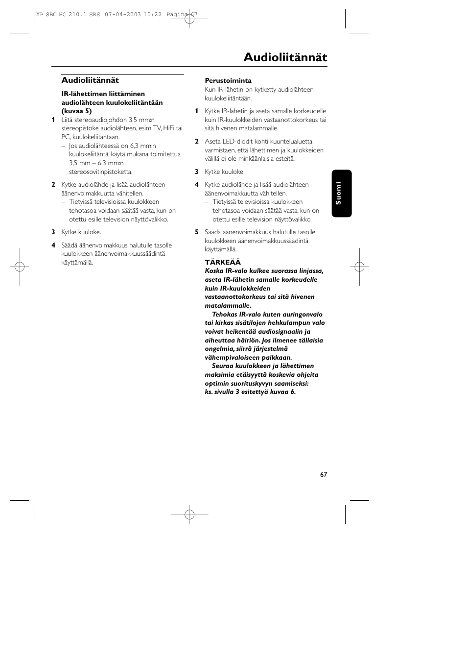 Audioliitännät | Philips SBC HC210 User Manual | Page 67 / 102