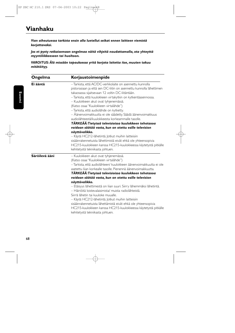 Vianhaku | Philips SBC HC210 User Manual | Page 68 / 102