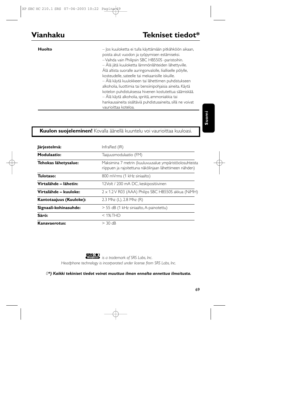 Vianhaku tekniset tiedot | Philips SBC HC210 User Manual | Page 69 / 102