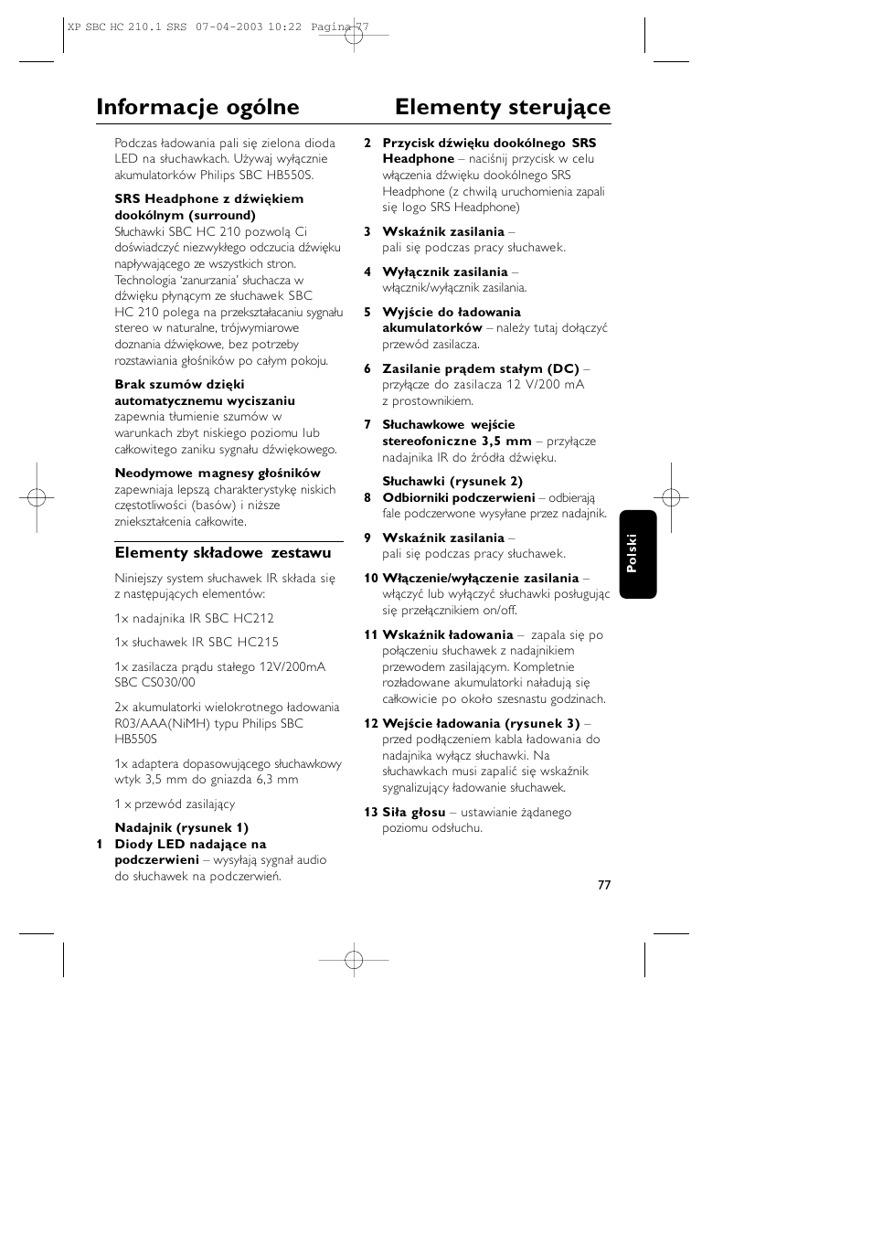 Informacje ogólne elementy sterujące | Philips SBC HC210 User Manual | Page 77 / 102