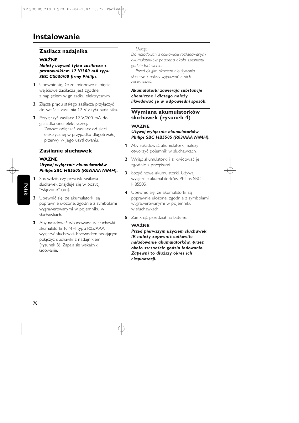 Instalowanie | Philips SBC HC210 User Manual | Page 78 / 102