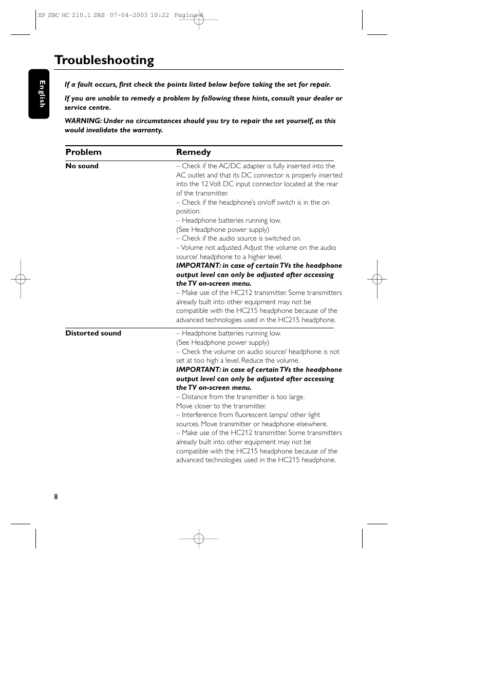 Troubleshooting | Philips SBC HC210 User Manual | Page 8 / 102