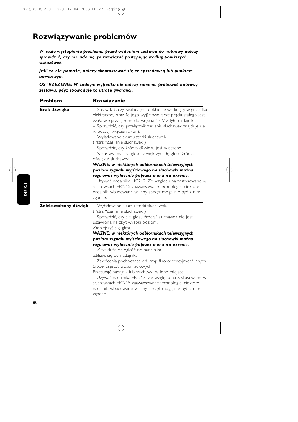 Rozwiązywanie problemów | Philips SBC HC210 User Manual | Page 80 / 102