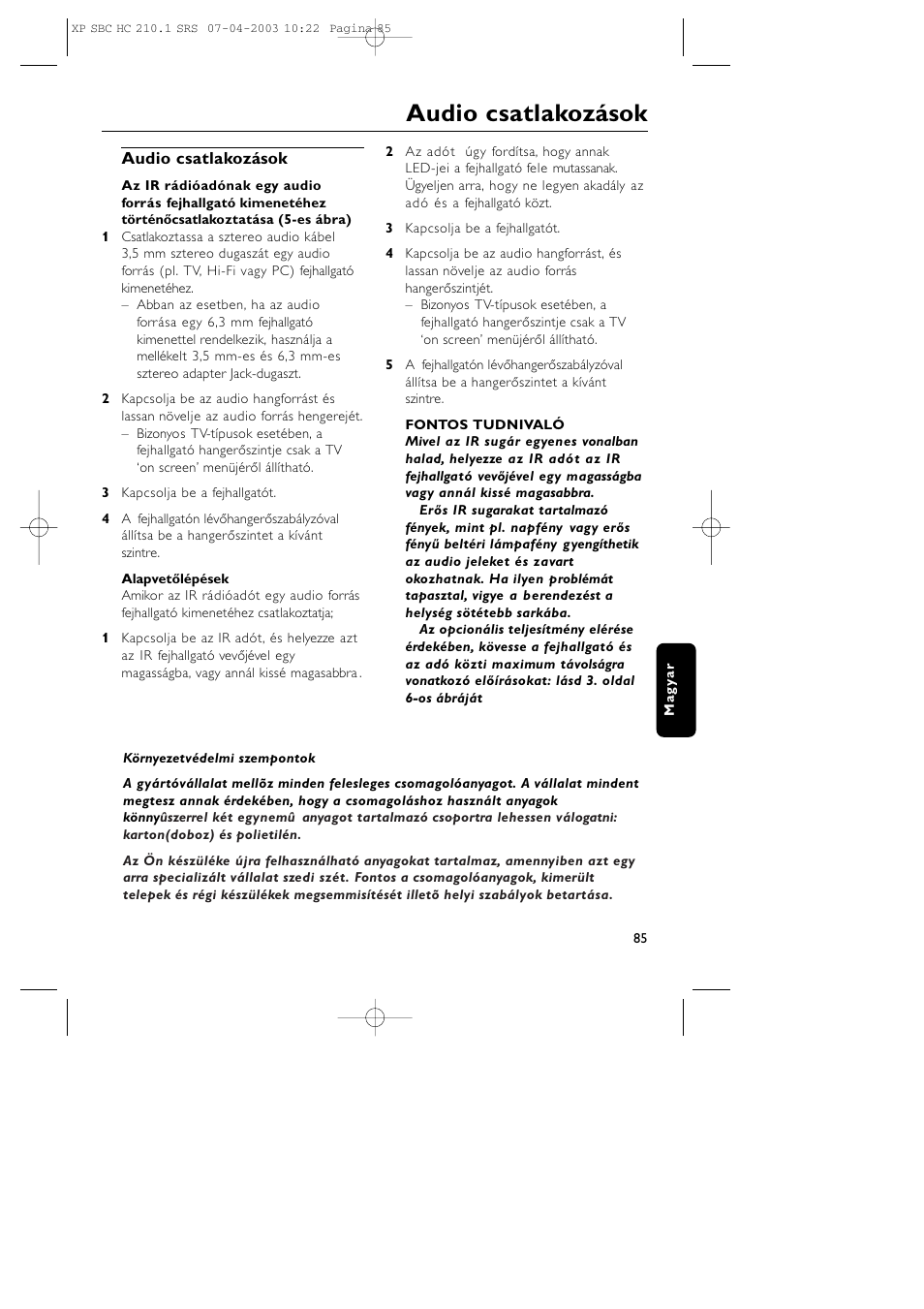 Audio csatlakozások | Philips SBC HC210 User Manual | Page 85 / 102