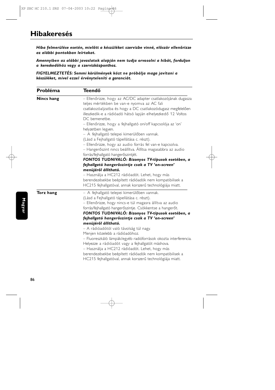 Hibakeresés | Philips SBC HC210 User Manual | Page 86 / 102