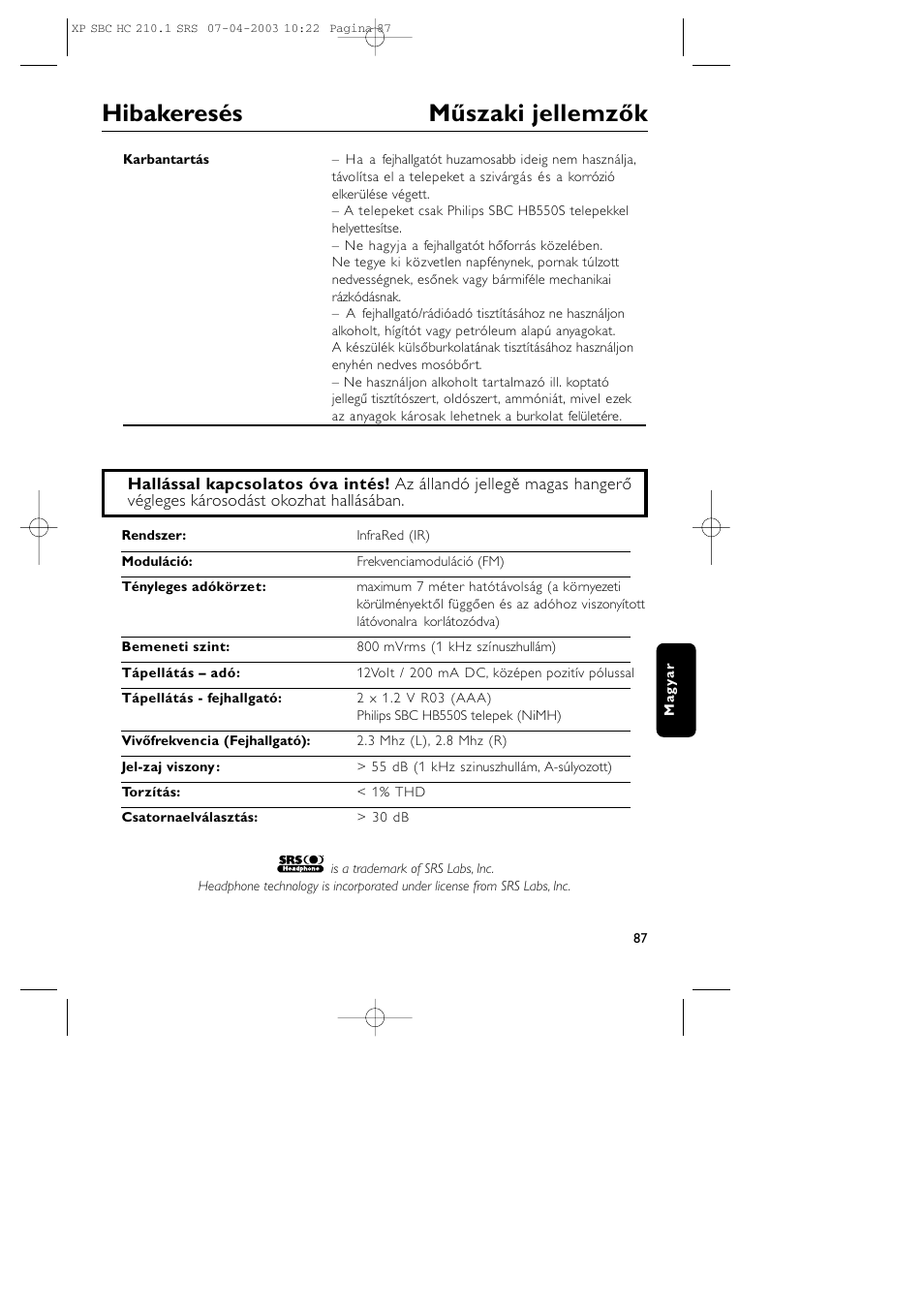 Hibakeresés műszaki jellemzők | Philips SBC HC210 User Manual | Page 87 / 102