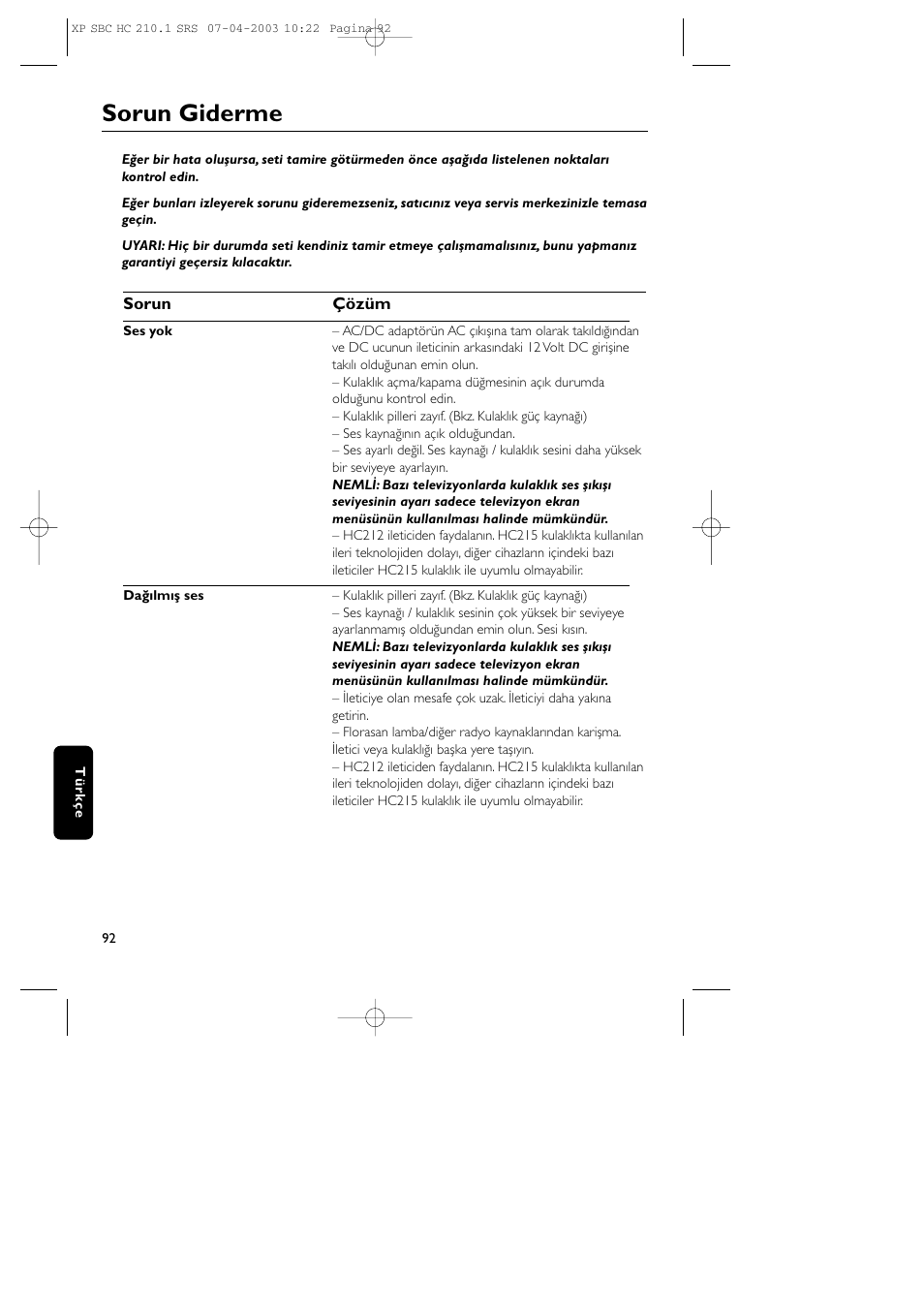 Sorun giderme | Philips SBC HC210 User Manual | Page 92 / 102