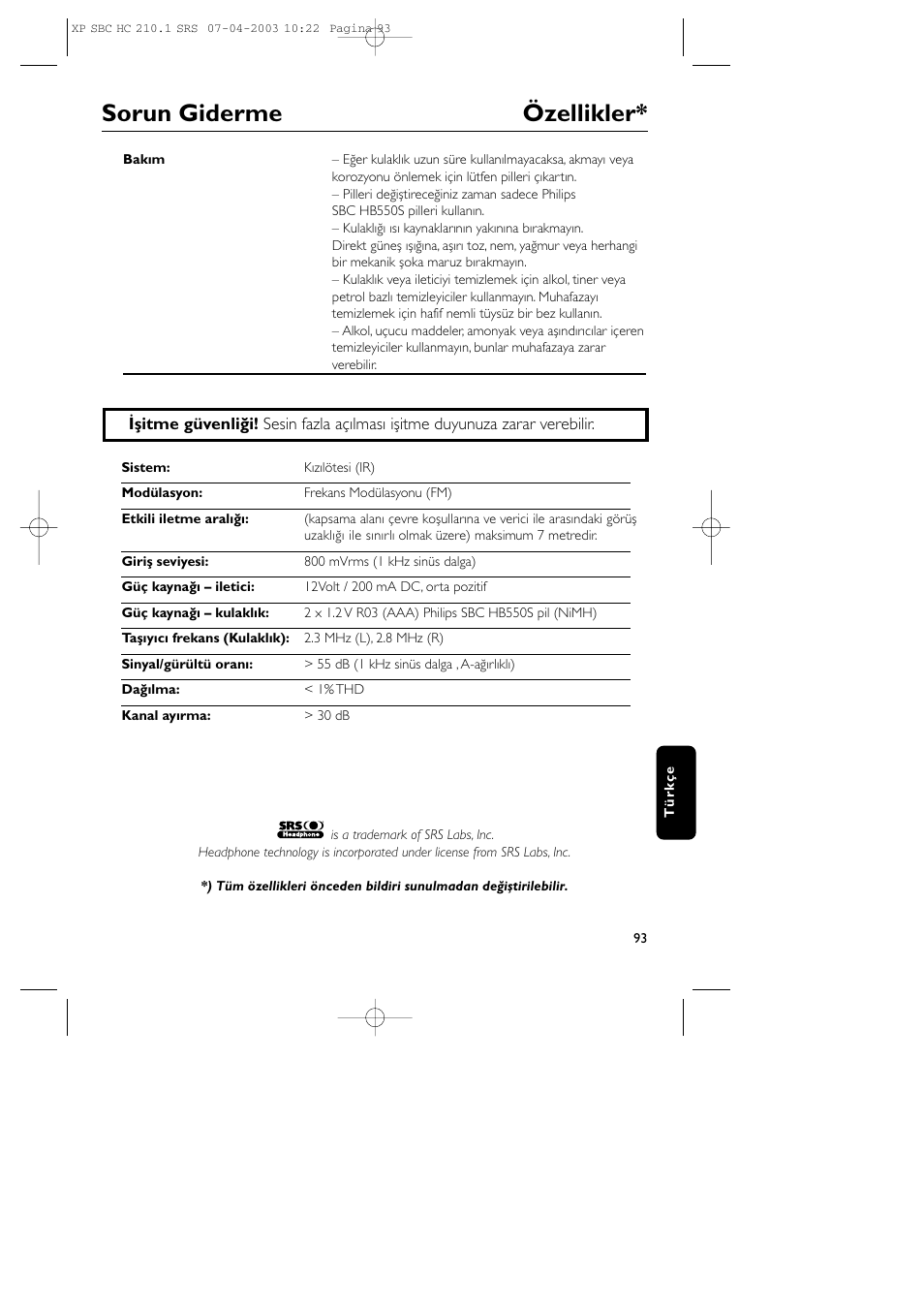 Sorun giderme özellikler | Philips SBC HC210 User Manual | Page 93 / 102