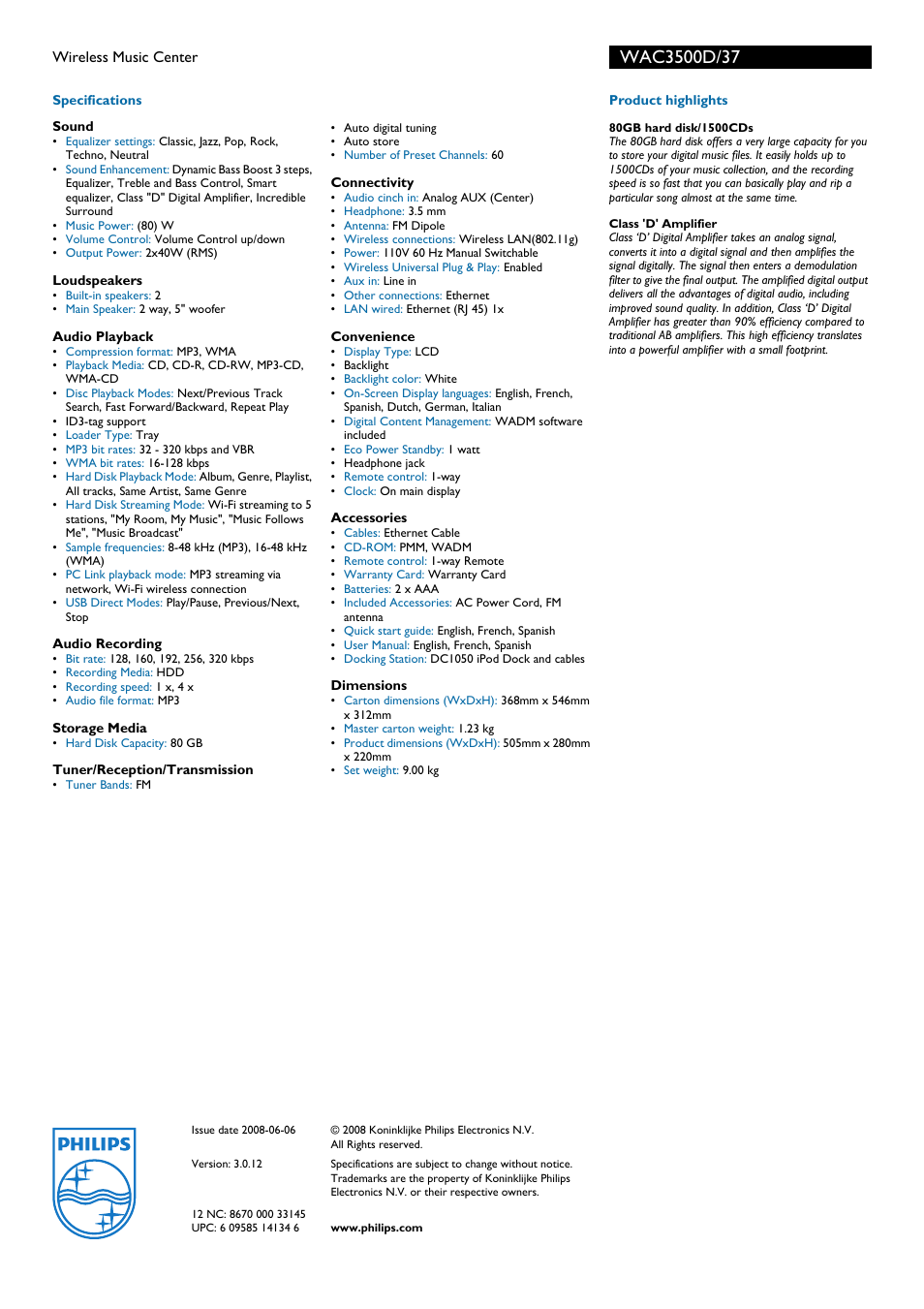 Philips WAC3500D User Manual | Page 2 / 2