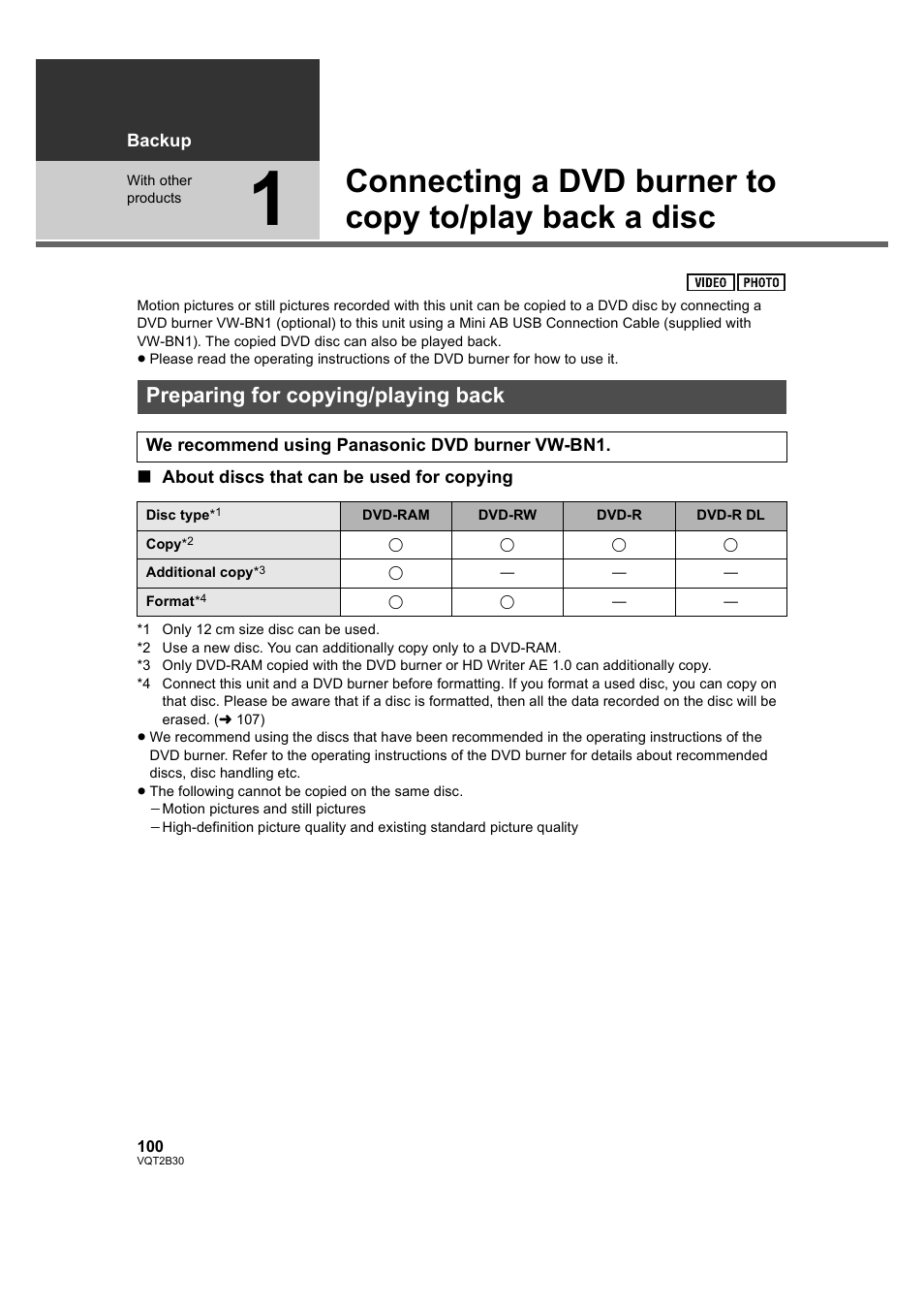 Backup, With other products, Preparing for copying/playing back | Ckup, 1] connecting a dvd burner to copy, L 100 t, L 100, Sc. (l 100, 1 | Philips AVCHD HDC-TM20 User Manual | Page 100 / 148