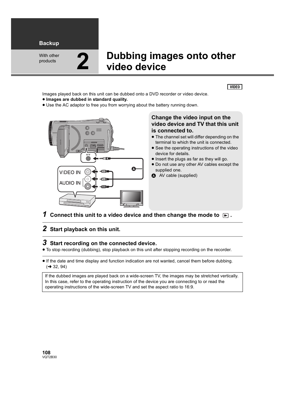 Dubbing images onto other video device, 2] dubbing images onto other video, Device | L 108) | Philips AVCHD HDC-TM20 User Manual | Page 108 / 148
