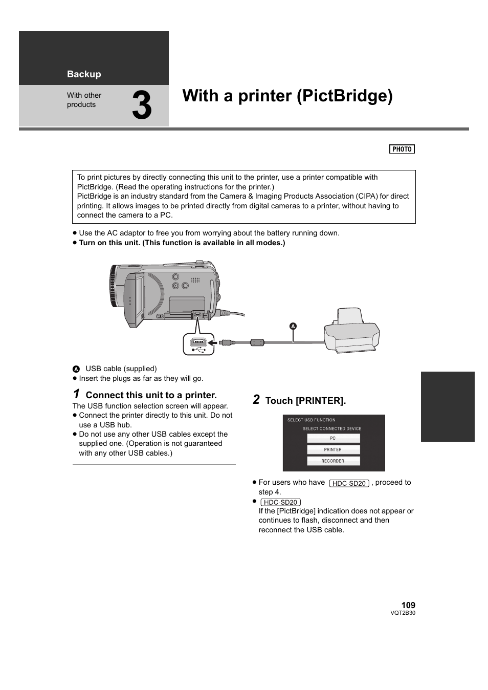 With a printer (pictbridge), 3] with a printer (pictbridge) | Philips AVCHD HDC-TM20 User Manual | Page 109 / 148