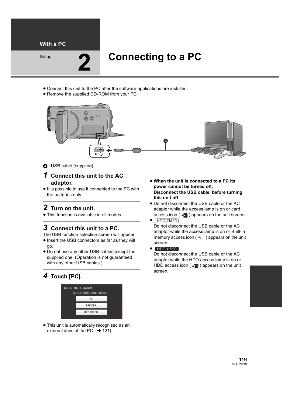 Connecting to a pc, 2] connecting to a pc | Philips AVCHD HDC-TM20 User Manual | Page 119 / 148