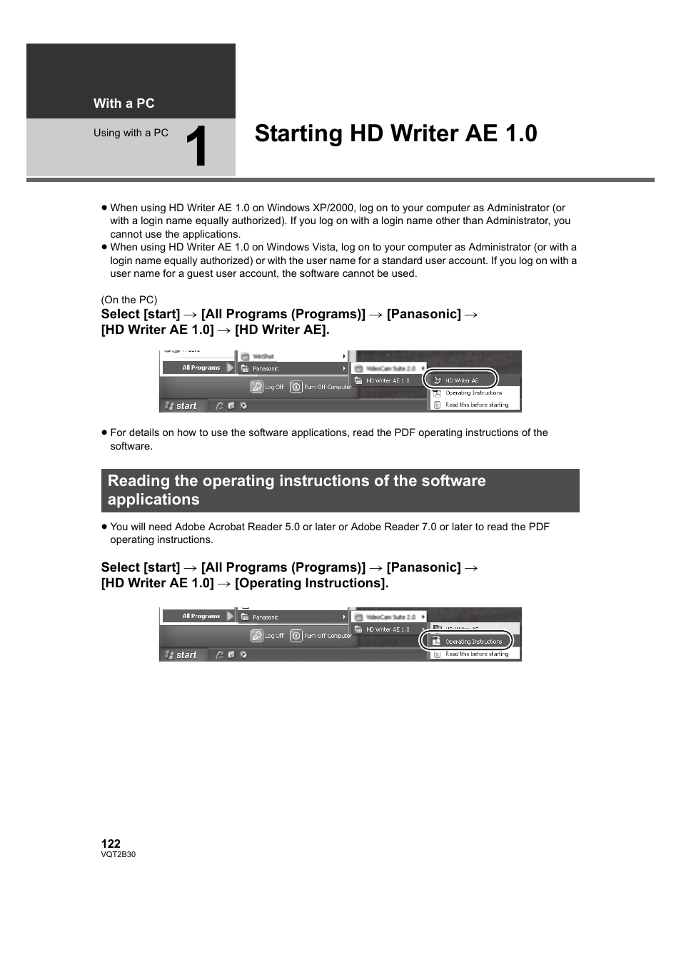Using with a pc, Starting hd writer ae 1.0, 1] starting hd writer ae 1.0 | Philips AVCHD HDC-TM20 User Manual | Page 122 / 148