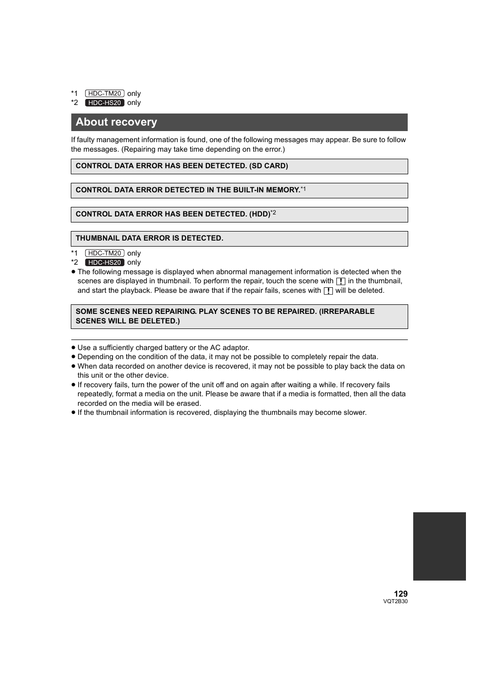 About recovery | Philips AVCHD HDC-TM20 User Manual | Page 129 / 148