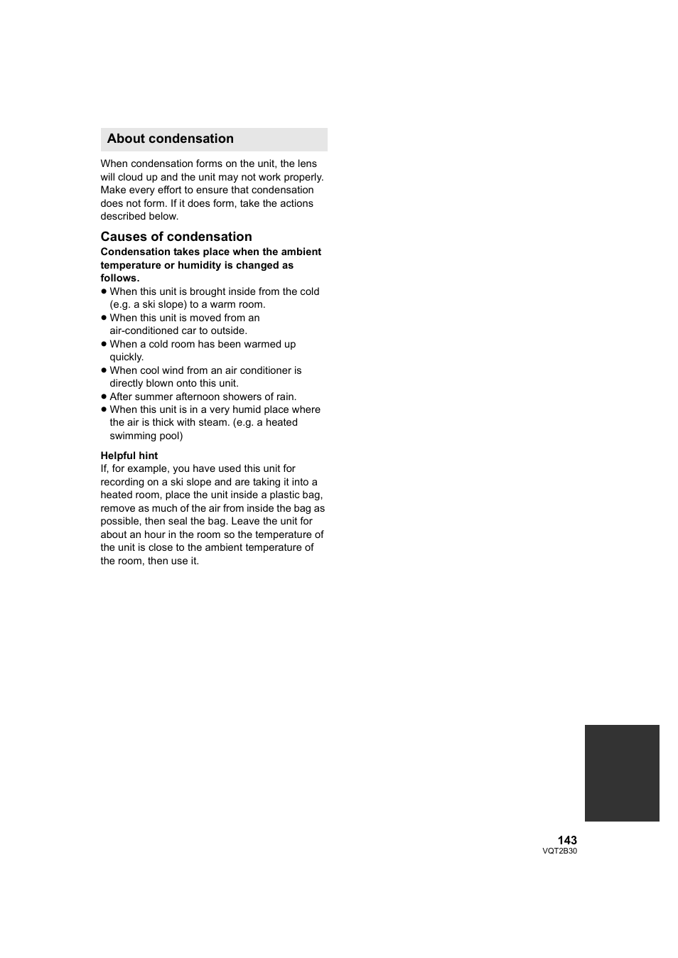 Causes of condensation, About condensation | Philips AVCHD HDC-TM20 User Manual | Page 143 / 148