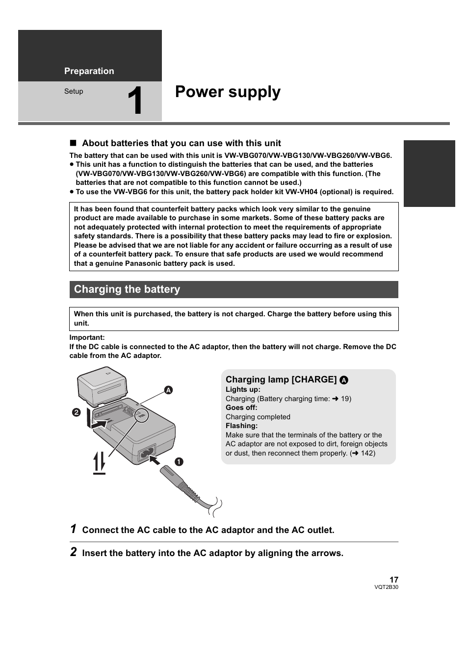 Setup, Power supply, Charging the battery | 1] power supply | Philips AVCHD HDC-TM20 User Manual | Page 17 / 148