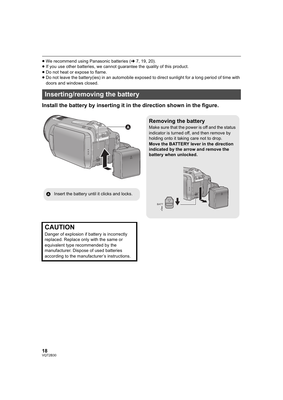 Inserting/removing the battery, L 18), Caution | Philips AVCHD HDC-TM20 User Manual | Page 18 / 148