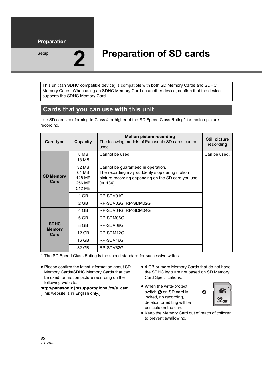 Preparation of sd cards, Cards that you can use with this unit, 2] preparation of sd cards | Philips AVCHD HDC-TM20 User Manual | Page 22 / 148