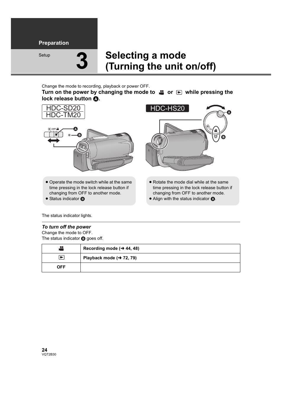 Selecting a mode (turning the unit on/off), 3] selecting a mode, Turning the unit on/off) | L 24), Hdc-sd20 hdc-tm20, Hdc-hs20 | Philips AVCHD HDC-TM20 User Manual | Page 24 / 148