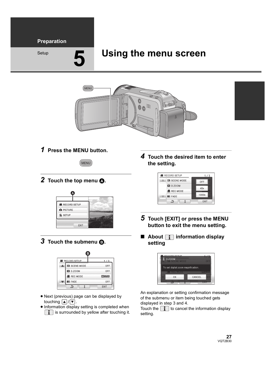 Using the menu screen, 5] using the menu screen, L 27) | Philips AVCHD HDC-TM20 User Manual | Page 27 / 148