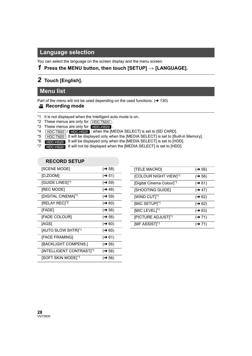 Language selection, Menu list, Language selection menu list | Touch [english, Recording mode, Record setup | Philips AVCHD HDC-TM20 User Manual | Page 28 / 148
