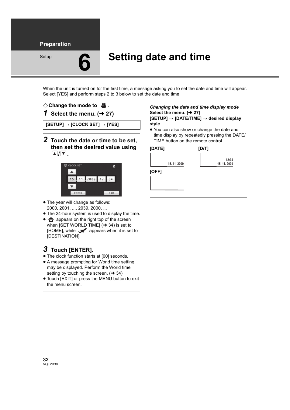 Setting date and time, 6] setting date and time, L 32) | Philips AVCHD HDC-TM20 User Manual | Page 32 / 148