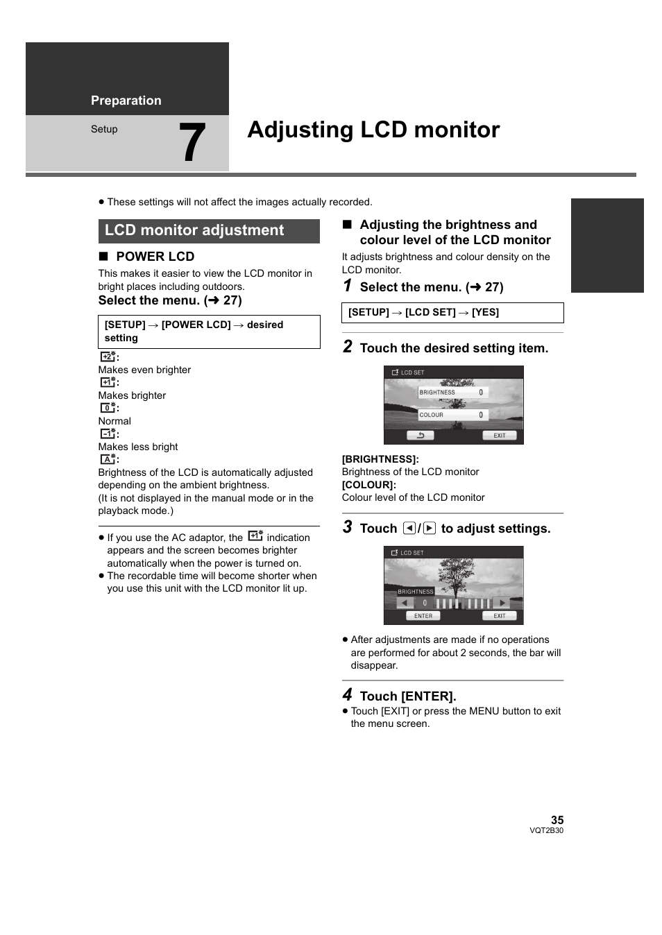 Adjusting lcd monitor, Lcd monitor adjustment, 7] adjusting lcd monitor | L 35) | Philips AVCHD HDC-TM20 User Manual | Page 35 / 148