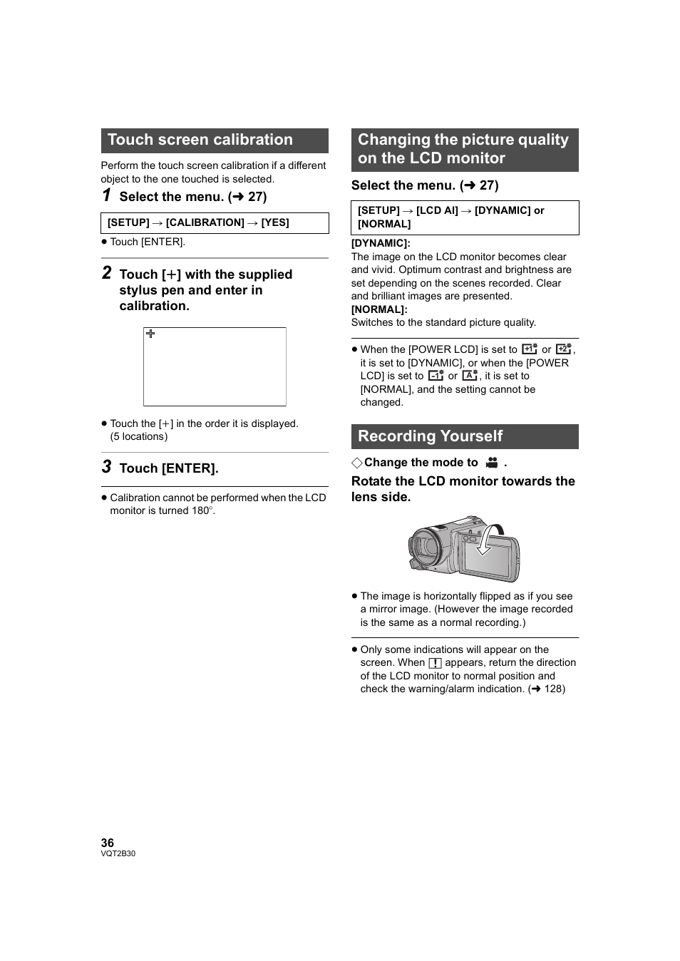 Touch screen calibration, Changing the picture quality on the lcd monitor, Recording yourself | L 36) | Philips AVCHD HDC-TM20 User Manual | Page 36 / 148