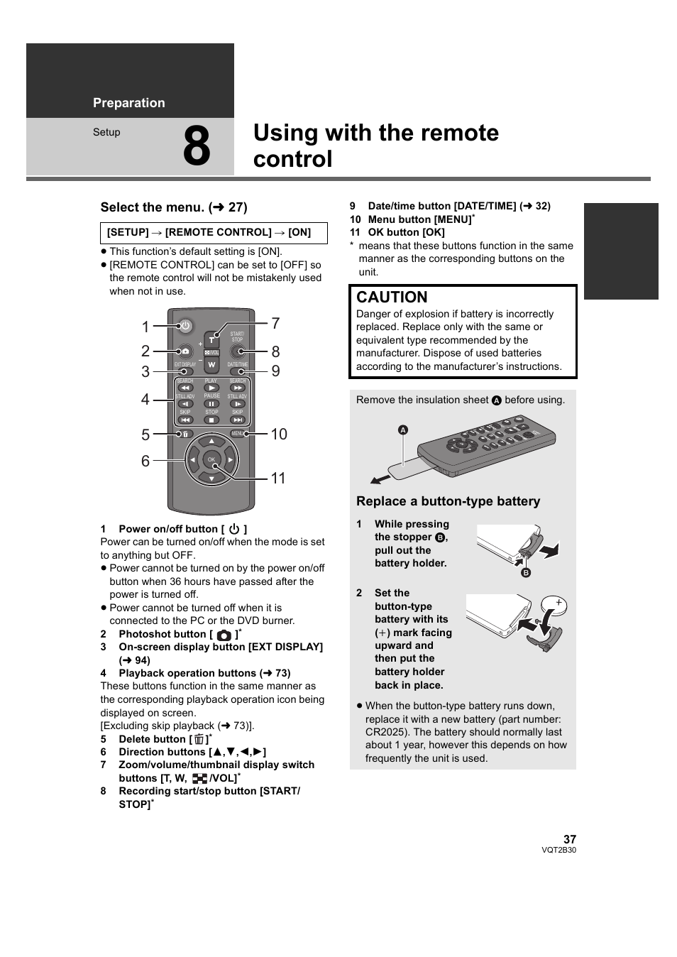 Using with the remote control, 8] using with the remote control, L 37) | Philips AVCHD HDC-TM20 User Manual | Page 37 / 148